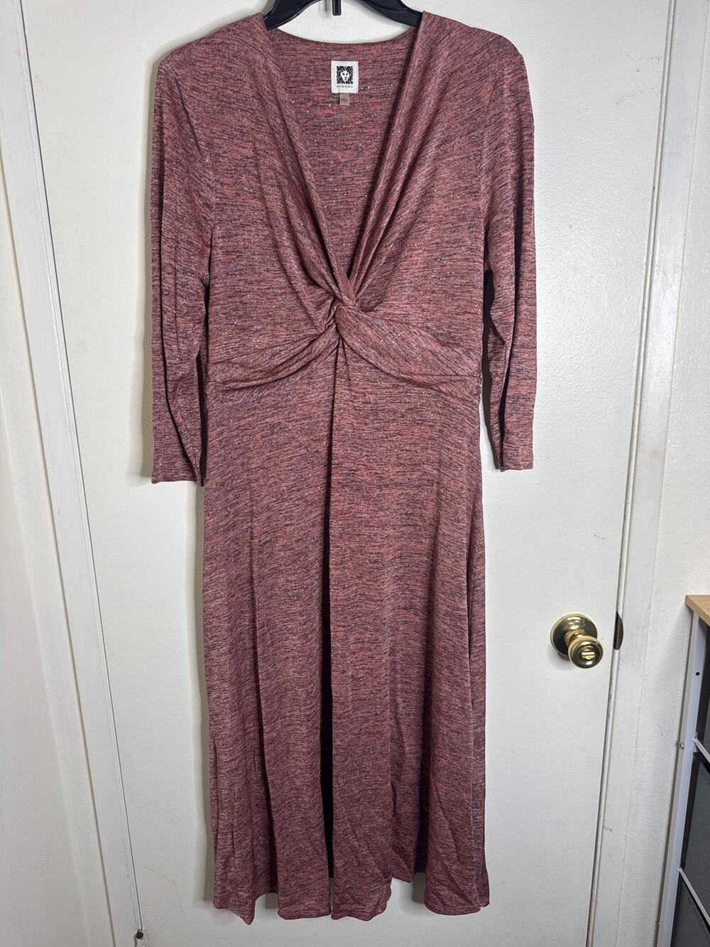 Anne Klein Space Dye Knot Front Midi Dress V-Neck 3/4 Sleeve Pink Combo L